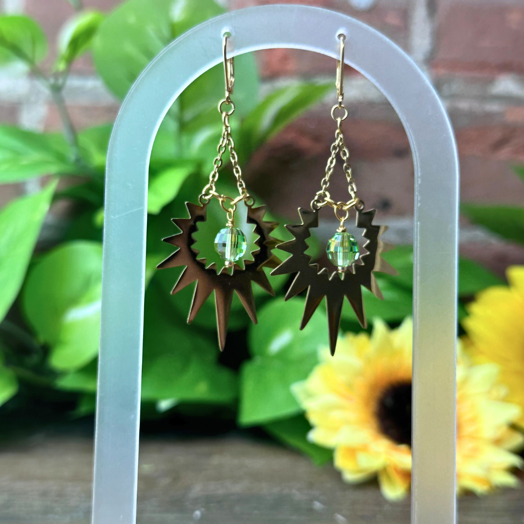 "Sunburst" Peridot Swarovski Crystal & Sun Ray Earrings - Artisan Made