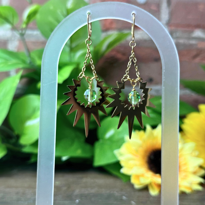 "Sunburst" Peridot Swarovski Crystal & Sun Ray Earrings - Artisan Made