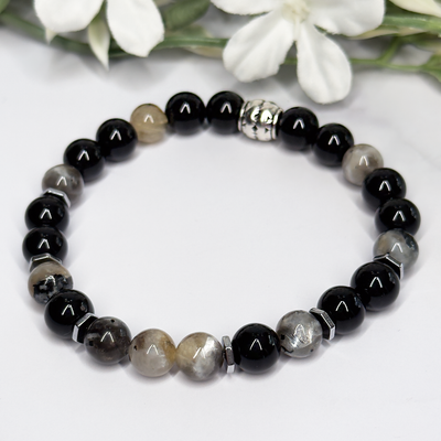 Sunstone/Moonstone and Black Onyx Stretch Bracelet - Artisan Made