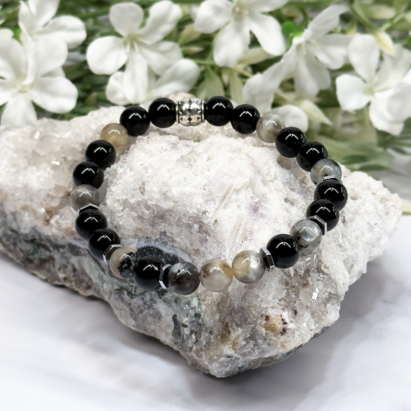 Sunstone/Moonstone and Black Onyx Stretch Bracelet - Artisan Made