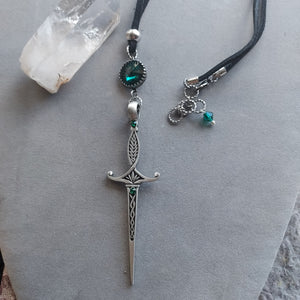 "Sword of Tara" Emerald Swarovski Crystal & Sword Pendant Necklace- Artisan Made