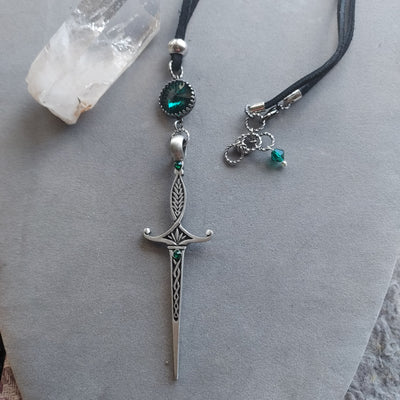"Sword of Tara" Emerald Swarovski Crystal & Sword Pendant Necklace- Artisan Made