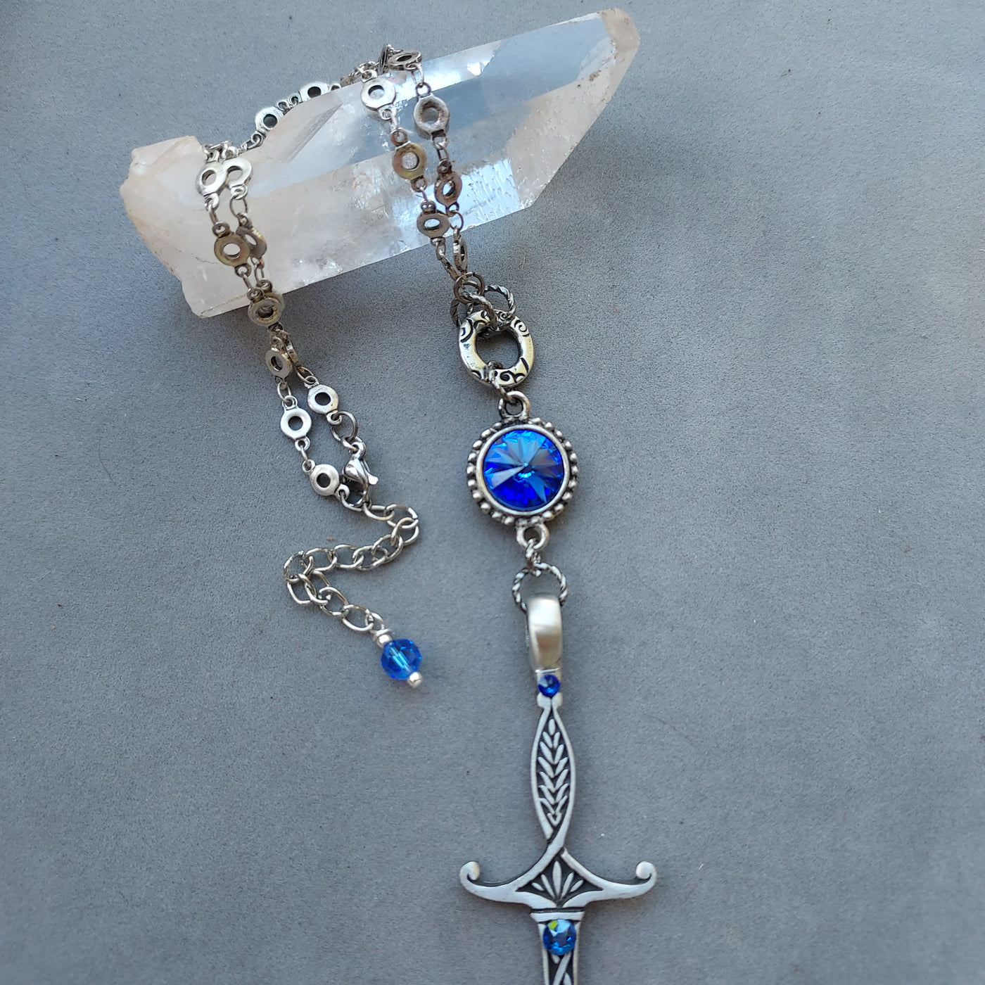 "Sword of Tara" Pendant & Sapphire Crystal Necklace- Artisan Made