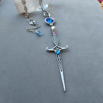 "Sword of Tara" Pendant & Sapphire Crystal Necklace- Artisan Made