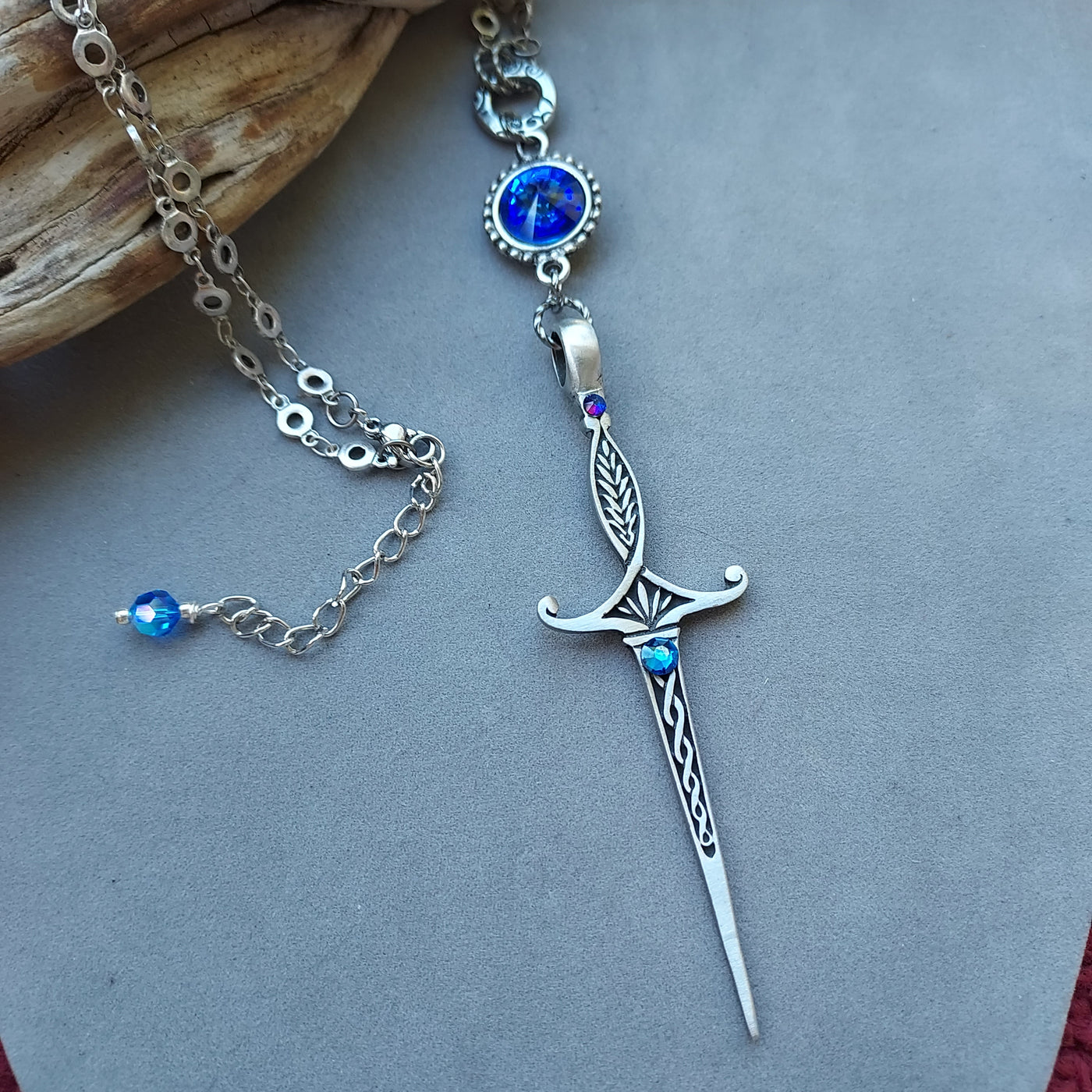 "Sword of Tara" Pendant & Sapphire Crystal Necklace- Artisan Made
