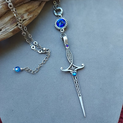 "Sword of Tara" Pendant & Sapphire Crystal Necklace- Artisan Made