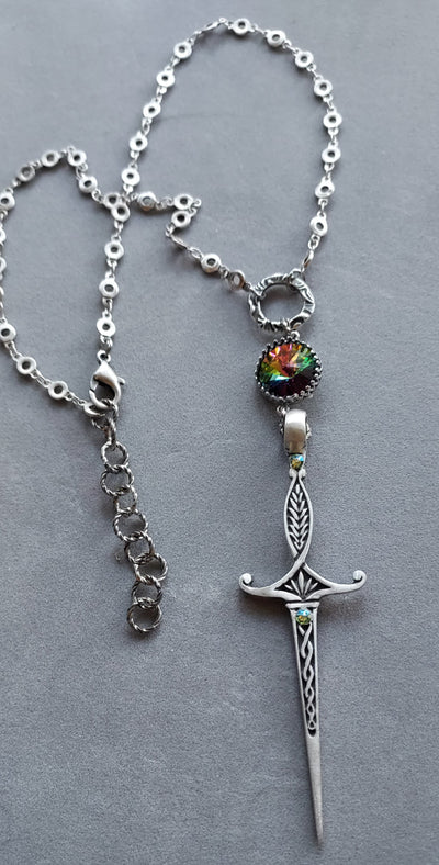 "Sword of Tara" Peridot Swarovski Crystal & Sword Necklace - Artisan Made