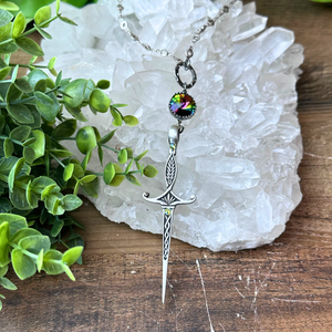 "Sword of Tara" Peridot Swarovski Crystal & Sword Necklace - Artisan Made