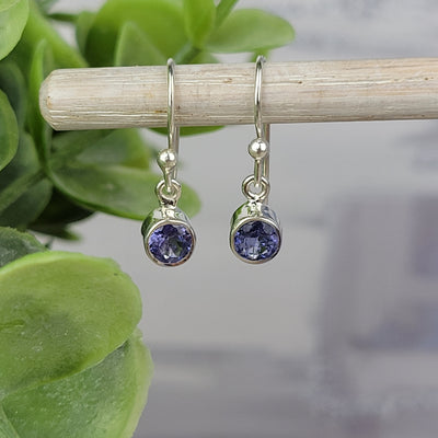 Tanzanite Faceted Bezel Set sterling silver Dangle Earring .2" Round Gemstone