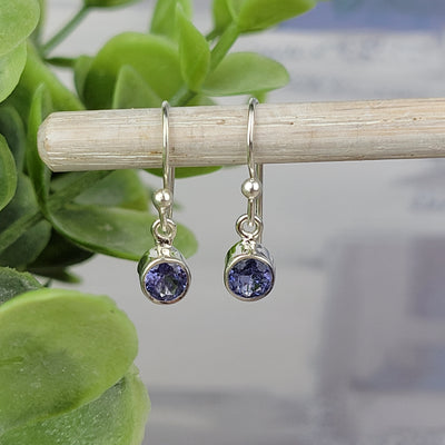 Tanzanite Faceted Bezel Set sterling silver Dangle Earring .2" Round Gemstone