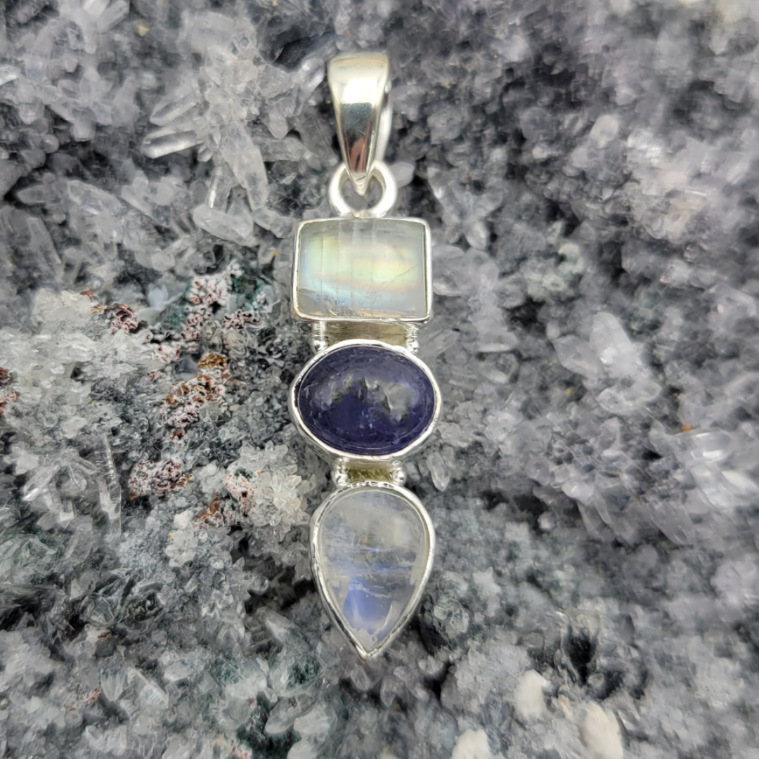 Tanzanite & Moonstone 3 Stone Drop Pendant with sterling silver