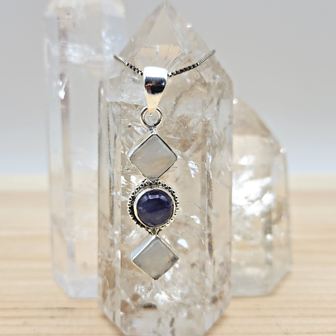 Tanzanite & Moonstone 3 Stone Drop Pendant with sterling silver