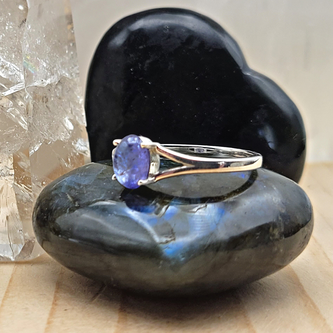 Tanzanite Oval Ring with sterling silver Prong Setting and Sized Band