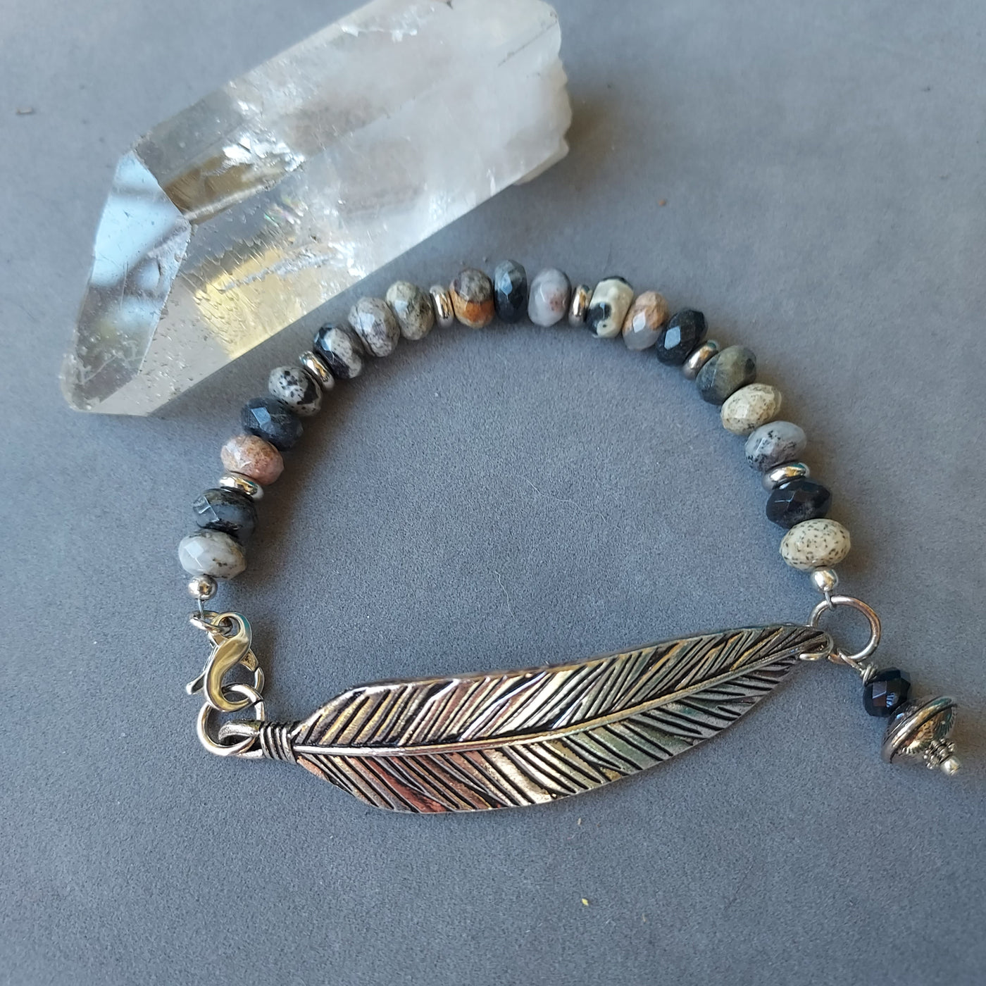 "Tempest" Feather & Silver Leaf Jasper Bracelet - Artisan Made
