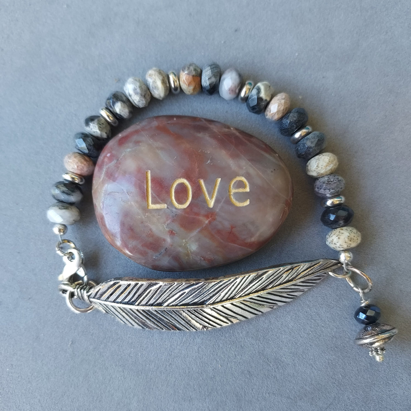 "Tempest" Feather & Silver Leaf Jasper Bracelet - Artisan Made