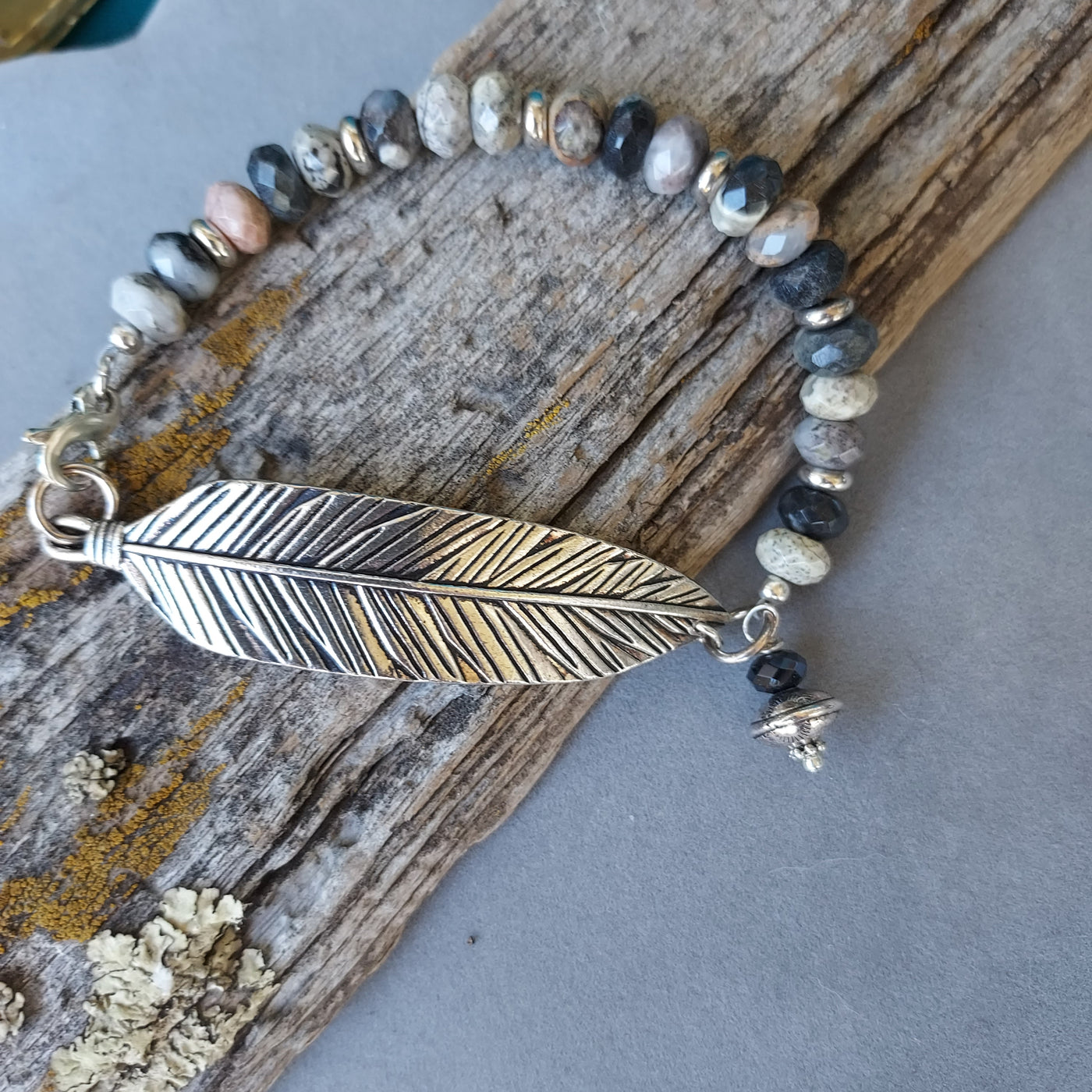 "Tempest" Feather & Silver Leaf Jasper Bracelet - Artisan Made