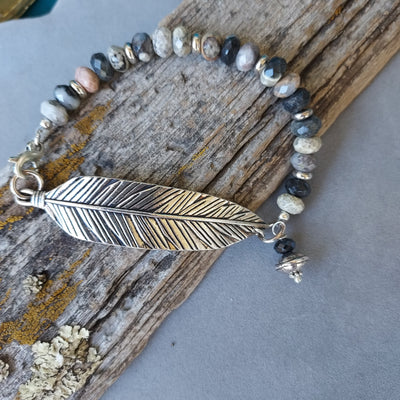 "Tempest" Feather & Silver Leaf Jasper Bracelet - Artisan Made
