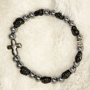 Terahertz, Black Skull and Hammered Silver Metal Cross Stretch Bracelet – Artisan Made