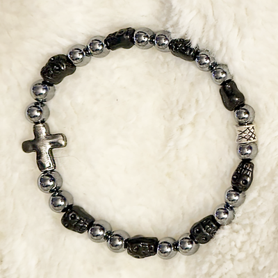Terahertz, Black Skull and Hammered Silver Metal Cross Stretch Bracelet – Artisan Made