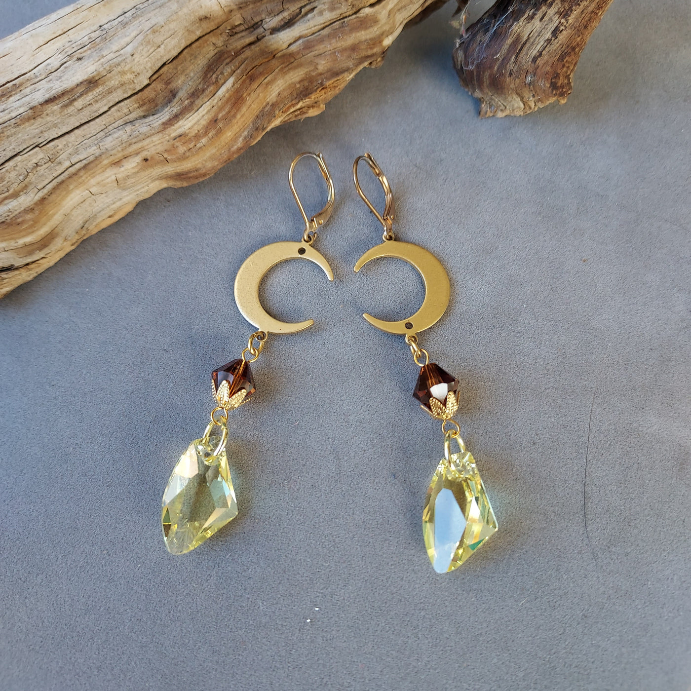 "The Happy Stone" Citrine & Smoky Topaz Crystal Crescent Moon Earrings - Artisan Made