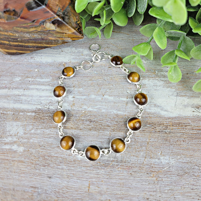 Tiger Eye Bezel Set sterling silver Polished Bracelet 8" Adjustable
