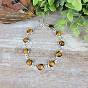 Tiger Eye Bezel Set Sterling Silver Polished Bracelet 8" Adjustable