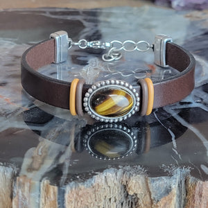 Tiger's Eye Gemstone Leather Bracelet - Artisan Made