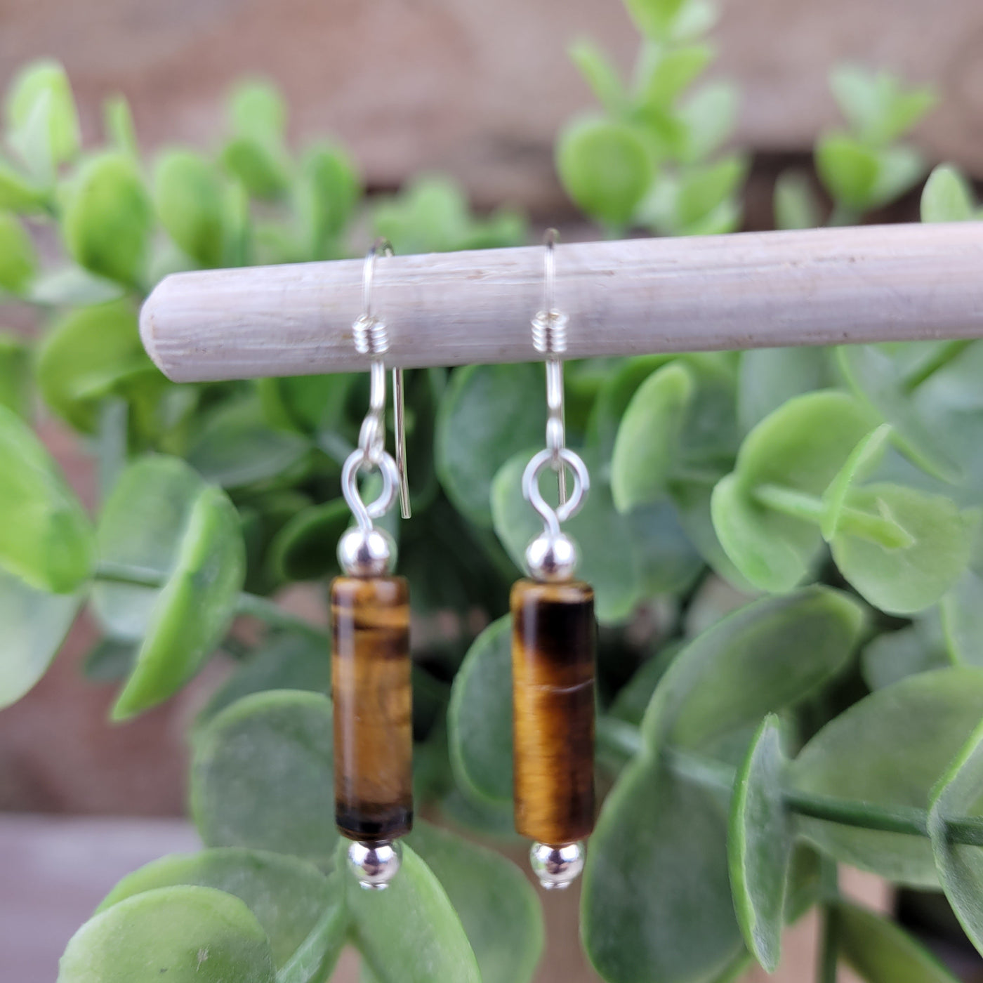 Tigers Eye Tube Sterling Silver Earrings - Artisan Made