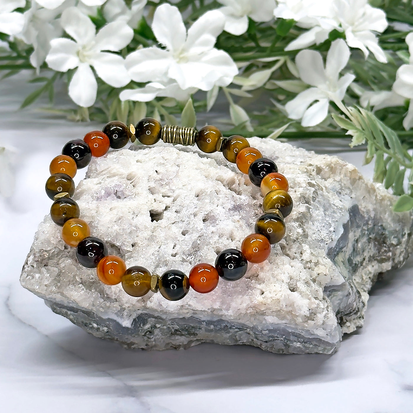 Tiger's eye, Carnelian and Garnet Stretch Bracelet - Artisan Made