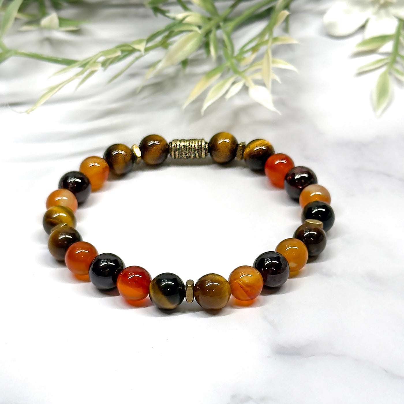 Tiger's eye, Carnelian and Garnet Stretch Bracelet - Artisan Made