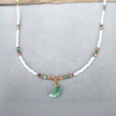 "Tranquil Moon" Green Aventurine Crescent Moon & Crystal Necklace - Artisan Made