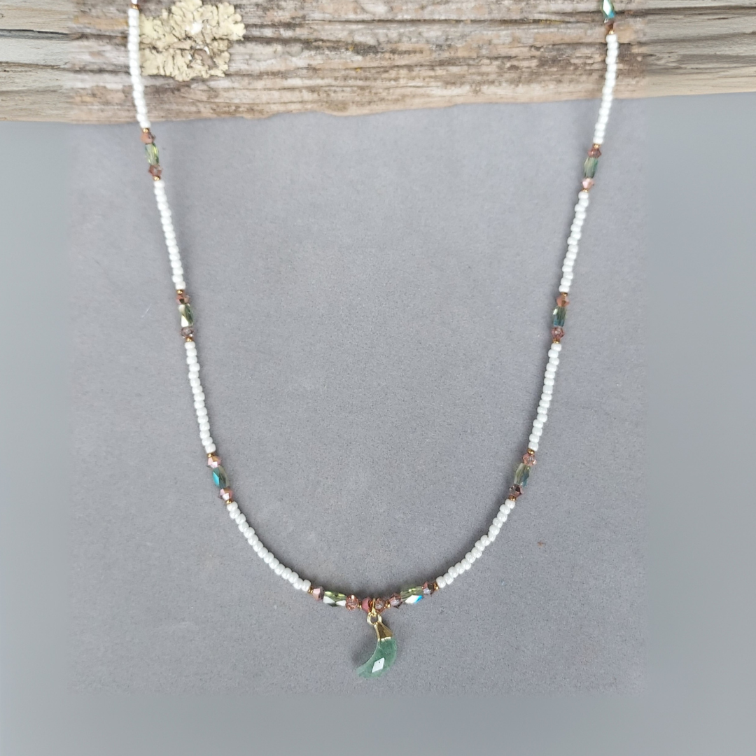 "Tranquil Moon" Green Aventurine Crescent Moon & Crystal Necklace - Artisan Made