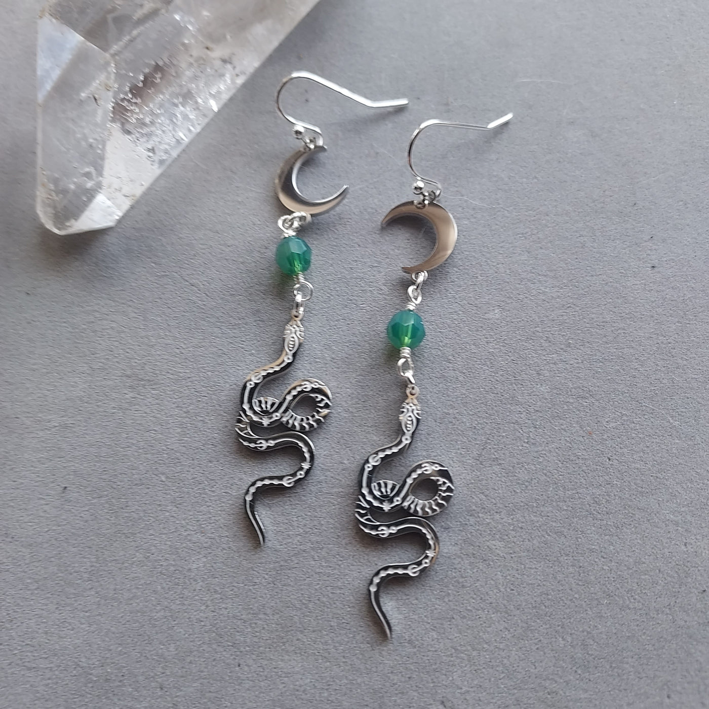 "Transform & Renew" Emerald, Serpent & Crescent Moon Earrings - Artisan Made
