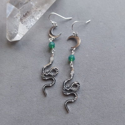 "Transform & Renew" Emerald, Serpent & Crescent Moon Earrings - Artisan Made