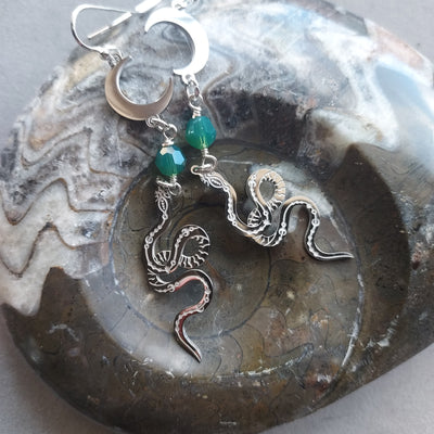 "Transform & Renew" Emerald, Serpent & Crescent Moon Earrings - Artisan Made