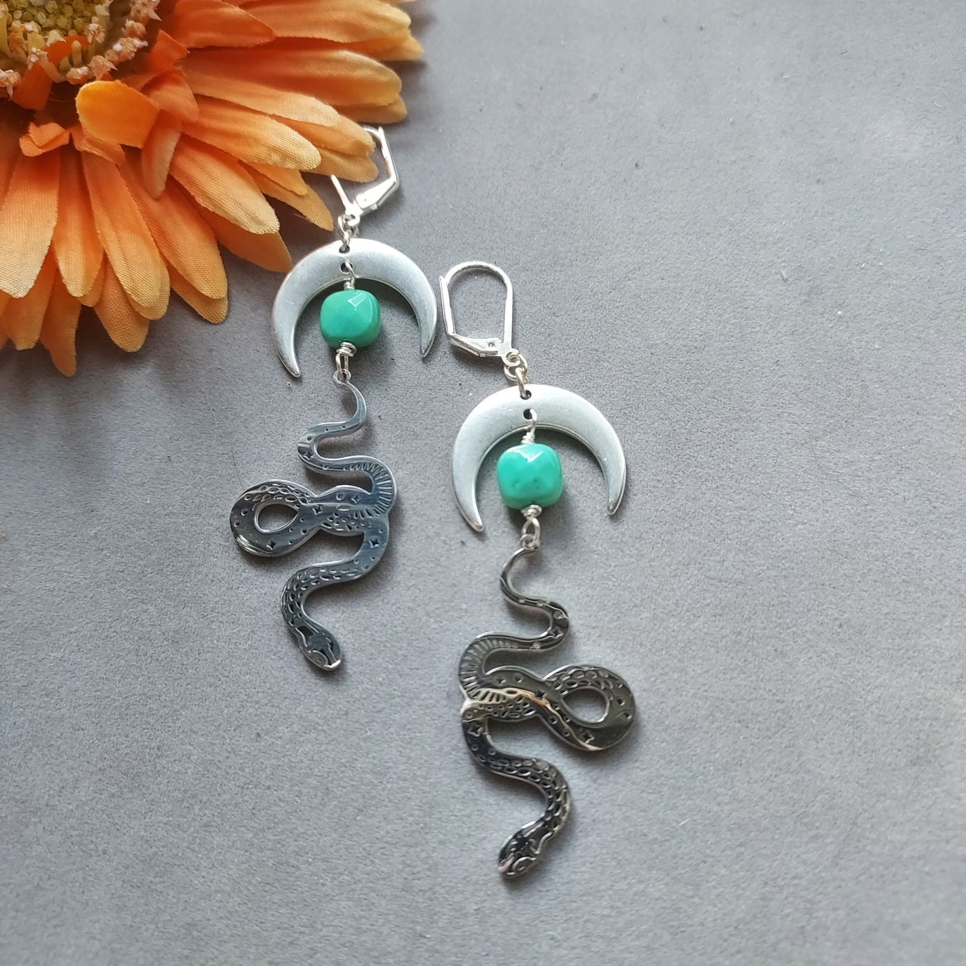 "Transformation & Renewal" Serpent, Crescent Moon & Green Moss Opal Earrings – Artisan Made