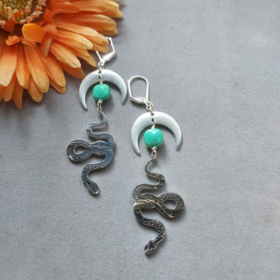 "Transformation & Renewal" Serpent, Crescent Moon & Green Moss Opal Earrings – Artisan Made