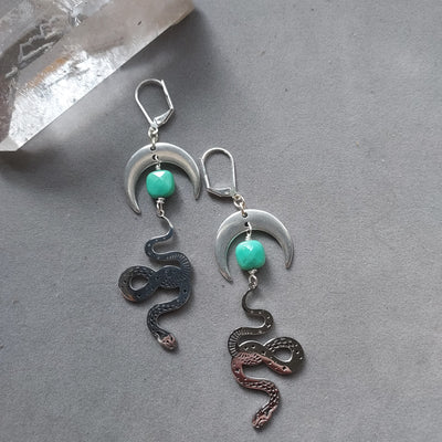 "Transformation & Renewal" Serpent, Crescent Moon & Green Moss Opal Earrings – Artisan Made
