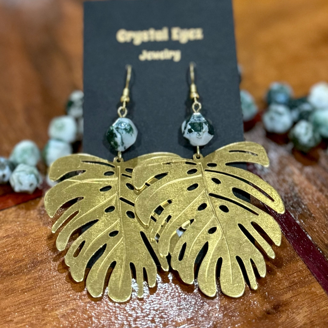 monstera leaf jewelry Tree Agate Monstera Leaf Earrings- Artisan Made