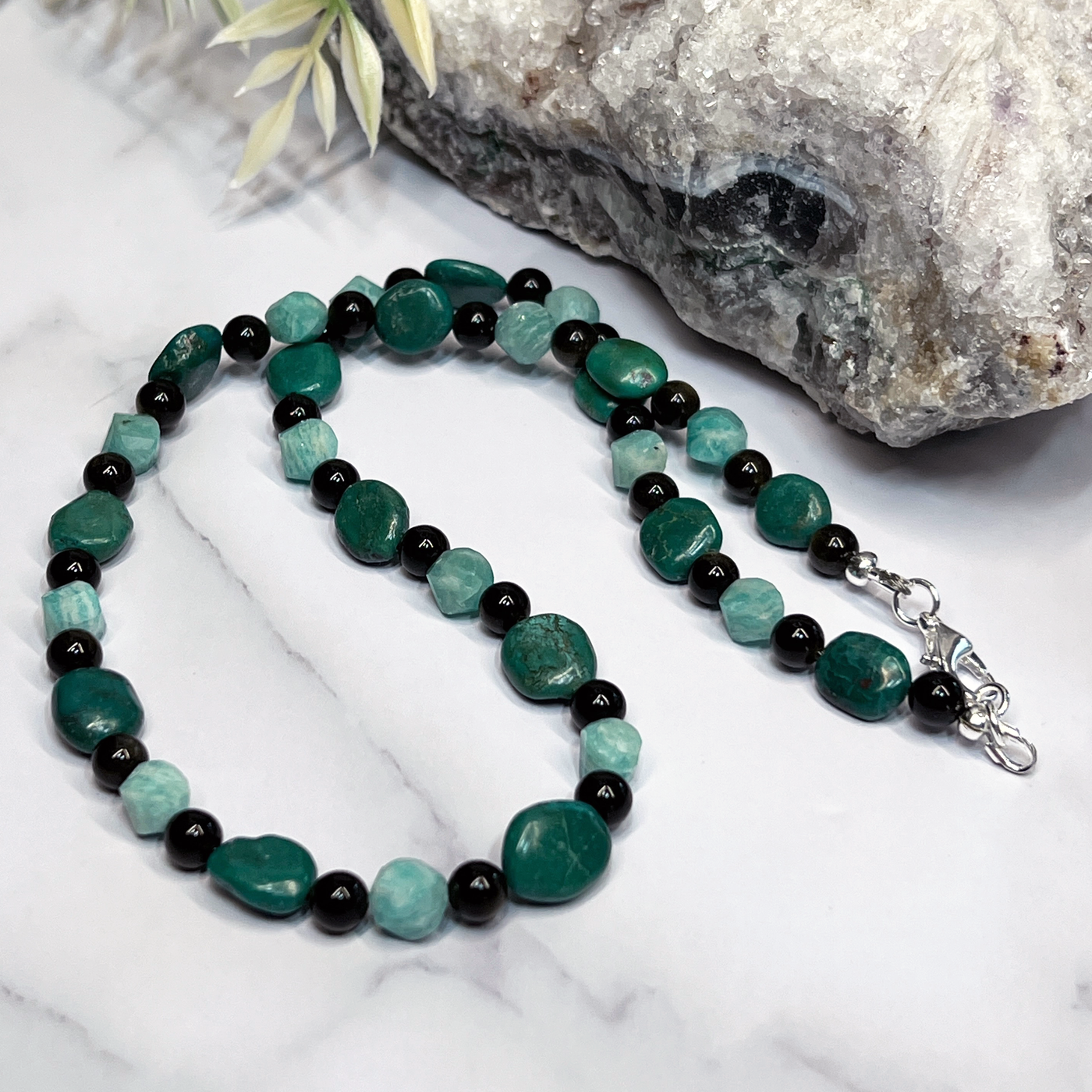 Turquoise, Amazonite and Golden Obsidian Necklace- Artisan Made