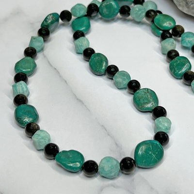 Turquoise, Amazonite and Golden Obsidian Necklace- Artisan Made