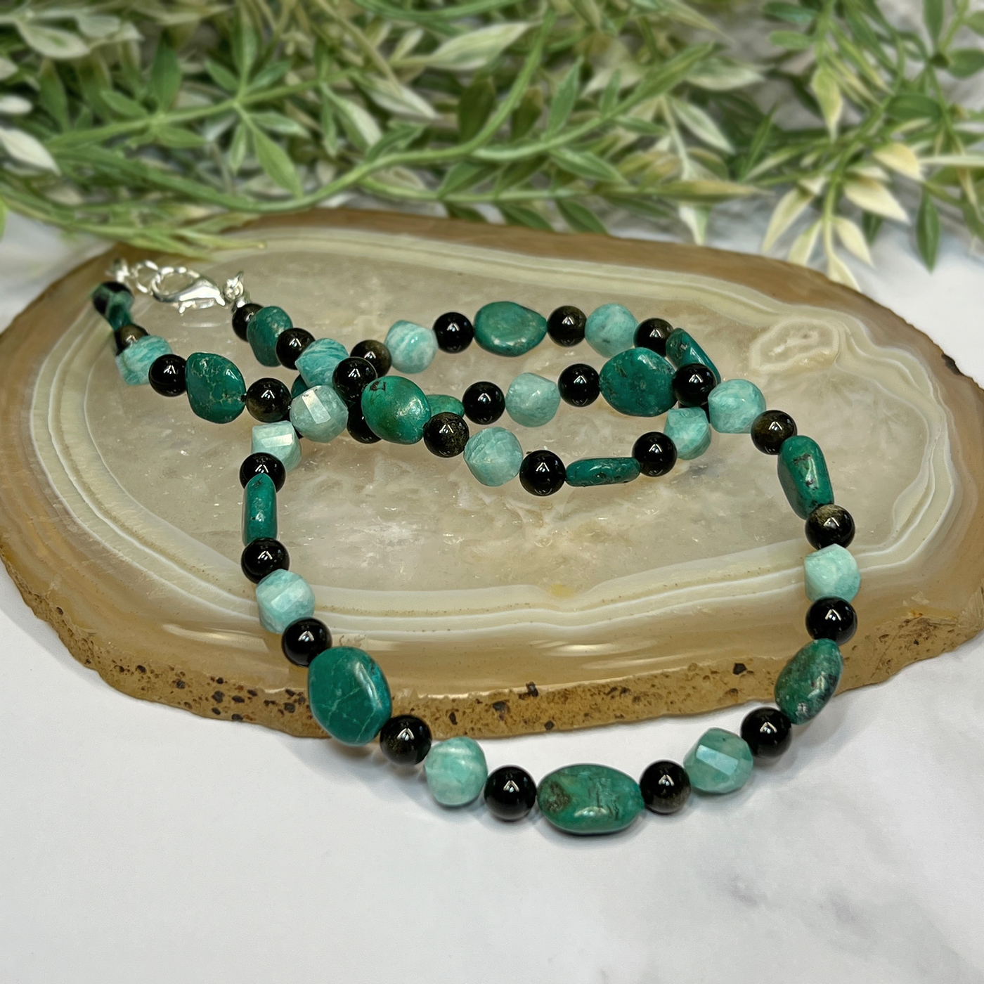 Turquoise, Amazonite and Golden Obsidian Necklace- Artisan Made