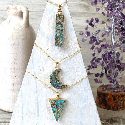 Turquoise Gold Plated Necklace 18" (Rectangle, Triangle, Crescent, Cylinder)