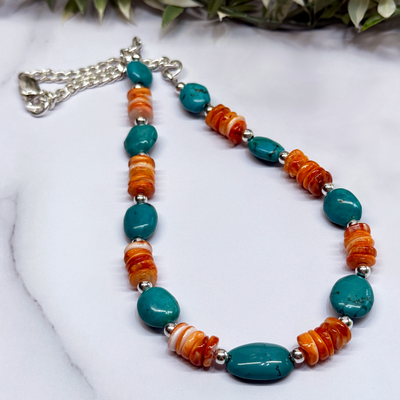 Turquoise, Orange Spiny Oyster and Sterling Silver Necklace - Artisan Made