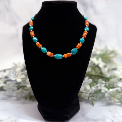 Turquoise, Orange Spiny Oyster and Sterling Silver Necklace - Artisan Made