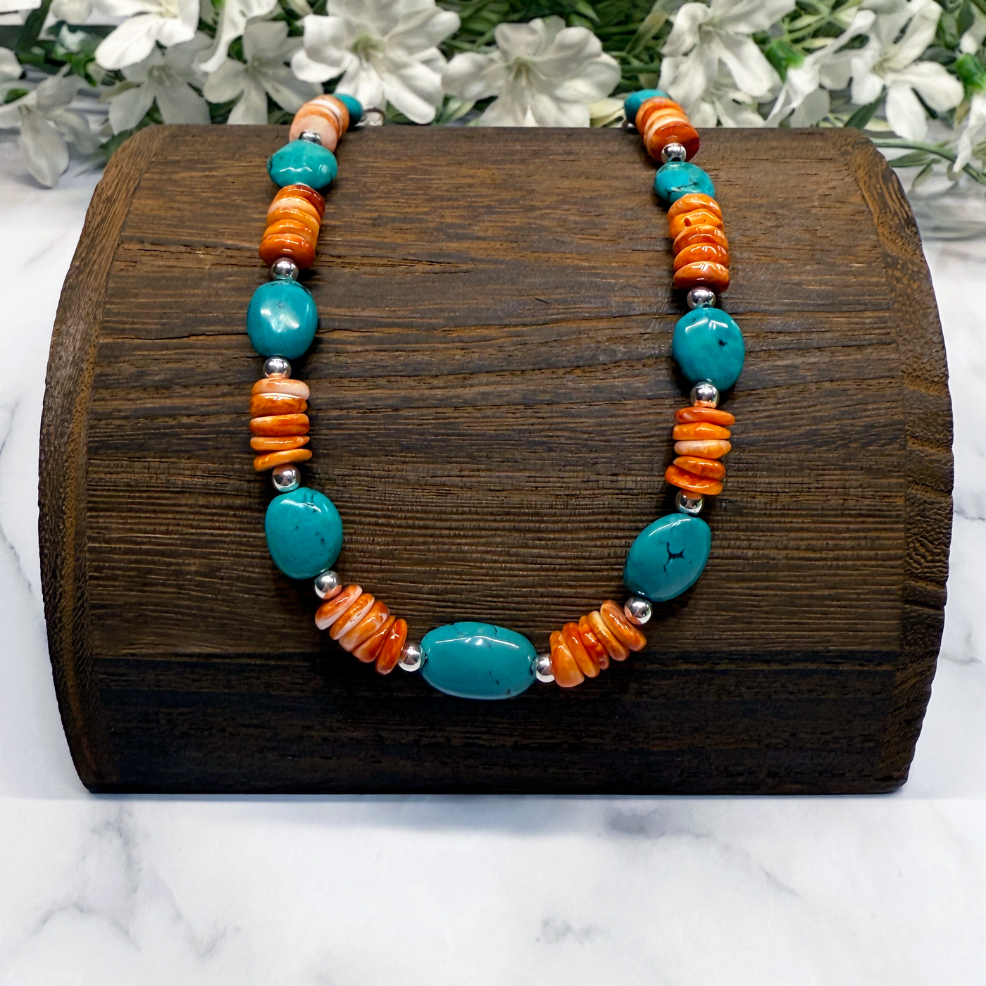 Turquoise, Orange Spiny Oyster and Sterling Silver Necklace - Artisan Made