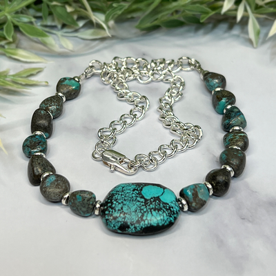 Turquoise Oval and Tumbled Stone Necklace - Artisan Made