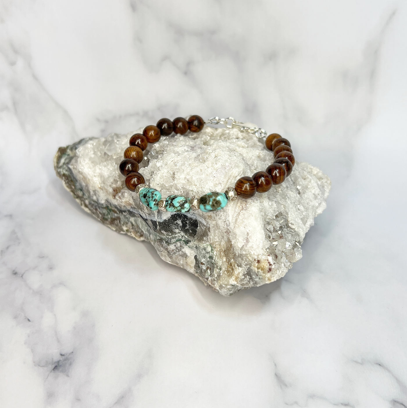 Turquoise Pebble and Roble Wood Bracelet - Artisan Made