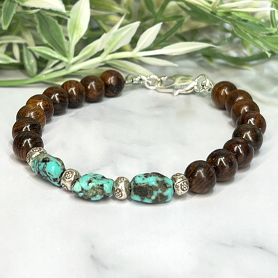 Turquoise Pebble and Roble Wood Bracelet - Artisan Made