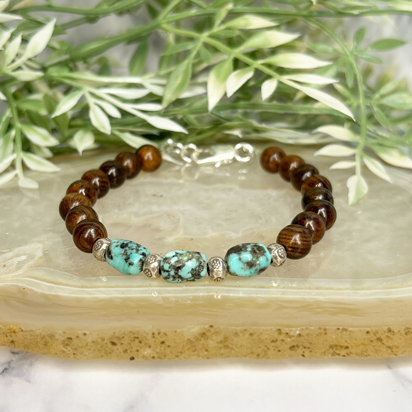 Turquoise Pebble and Roble Wood Bracelet - Artisan Made